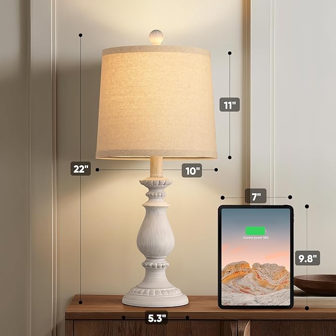 QiMH Farmhouse Table Lamp Set of 2, Rustic Table Lamps for Living Room, Vintage Nightstand Lamp with Rotary Switch, Beside Lamps for Bedroom, Traditional Table Lamps with Linen Shade, Antique White