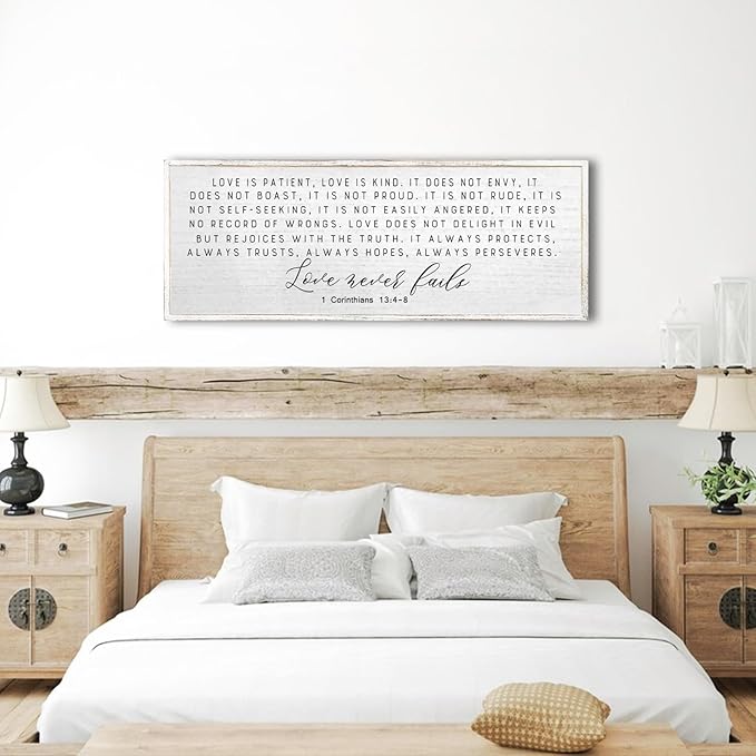 Love is Patient Love is Kind Wall Decor 40"X15" Large Bible Verse Quote 1 Corinthians 13 For Bedroom Above Bed Christianity bible Verse Couple Sign Hanging Wood Framed Wall Art (White）