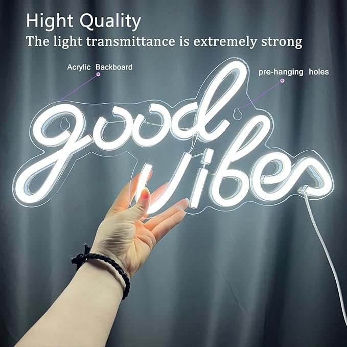 Good Vibes Neon Sign White Good Vibes Neon Lights USB Operated Aesthetic LED Signs for Bedroom Wall Decor Birthday Party Wedding Salon Bar Home Girl Cave