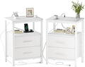 DUMOS Nightstand Set of 2 with Built in Charging Station USB Ports and Outlets Adjustable Fabric Drawer Storage Bedside Table with Open Shelf for Bedroom,White