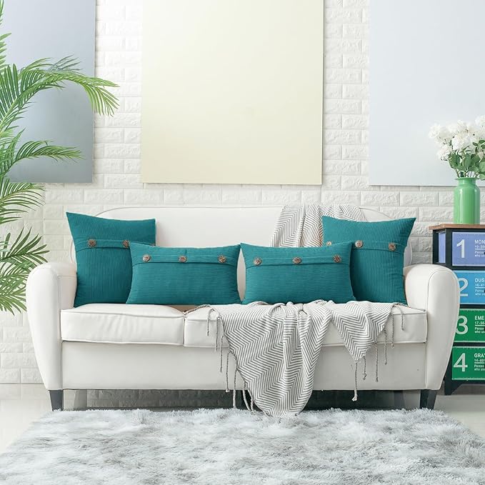 HWY 50 Teal Chenille Throw Pillow Covers 12x20 Inch with Triple Buttons, Soft Farmhouse Accent Decorative Cushion Cases for Couch Sofa Bed Living Room Pack of 2 Rectangle