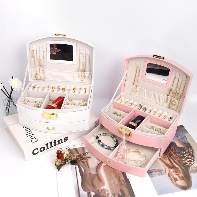 Jewelry Box Organizer, PU Leather Double Layer Jewelry Organizer with Drawer and Mirror, Lockable Jewelry Storage Organizer for Rings Earrings Necklaces, Portable Jewelry Box for Home and Travel