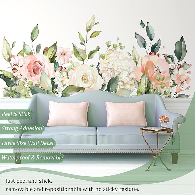 Flowers Leaves Wall Decals Peel and Stick, Large Floral Flowers Wall Stickers, Removable Vine Home Decor Art for Bedroom Living Room Classroom Office