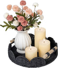 CubesLand Round Scalloped Decorative Centerpiece Tray for Coffee Table, Home Decor, Living Room - Black Tray w/Wooden Handle – Warm and Elegant for Holidays, Housewarmings - Candle Plate Holder