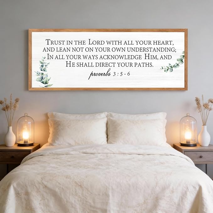 Trust in the Lord with All Your Heart Wall Art: 40"x15" Framed Bible Verse Wooden Sign, Proverbs 3:5–6 Christian Wall Decor, Large Rustic Scripture Home Decor, Natural