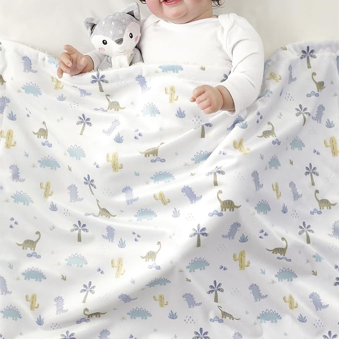 CREVENT 2Pcs 30''X40'' Cute Cozy Fluffy Warm Baby Blankets for Infants Toddlers' Bedding Crib Cot Stroller - Grey Cloud + Minky Dinosaur
