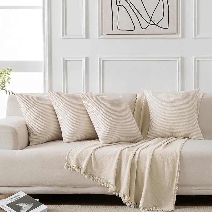 Volcanics Set of 4 Beige Cream Corduroy Decorative Couch Throw Pillow Covers 18x18 Inch, Modern Double-Sided Striped Cushion Cases, Soft Boho Square Accent Pillow Covers, Mix and Match for Home Decor