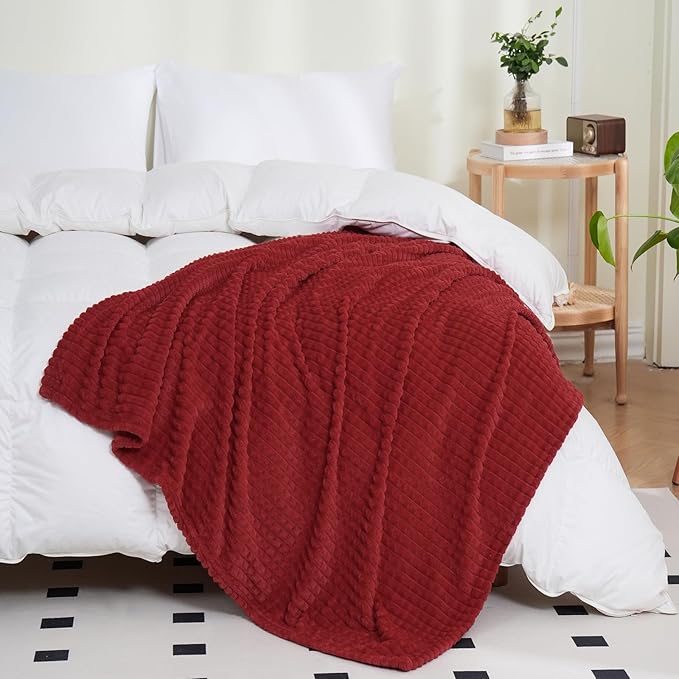 Puncuntex Flannel Fleece Throw Blanket Red 90"×90",Super Soft Plush Cozy Blanket with Square Grid Design Luxury for Couch Sofa Chair