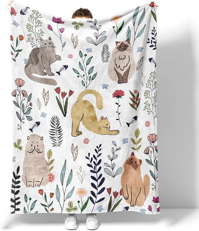 Cat Throw Blanket Floral Flower Blankets Gift for Cat Lover Throw Blanket Cats Themed Flannel Cozy Fuzzy Plush Blankets for Bed Chair Couch 50" X 60"