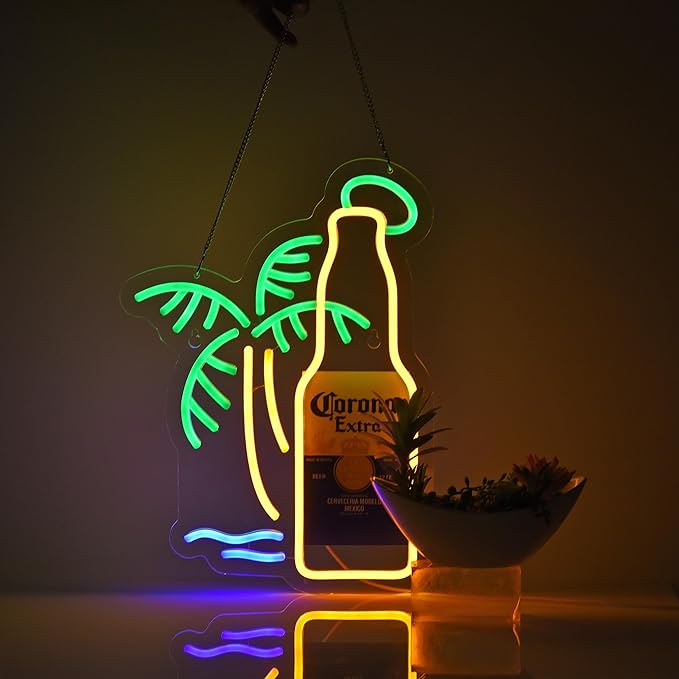 Beer Palm Tree Coro Bottle Neon Sign Dimmable LED Bar Neon Light for Wall Décor Neon Art signs with USB Plug for Pub Store Party Man Cave.
