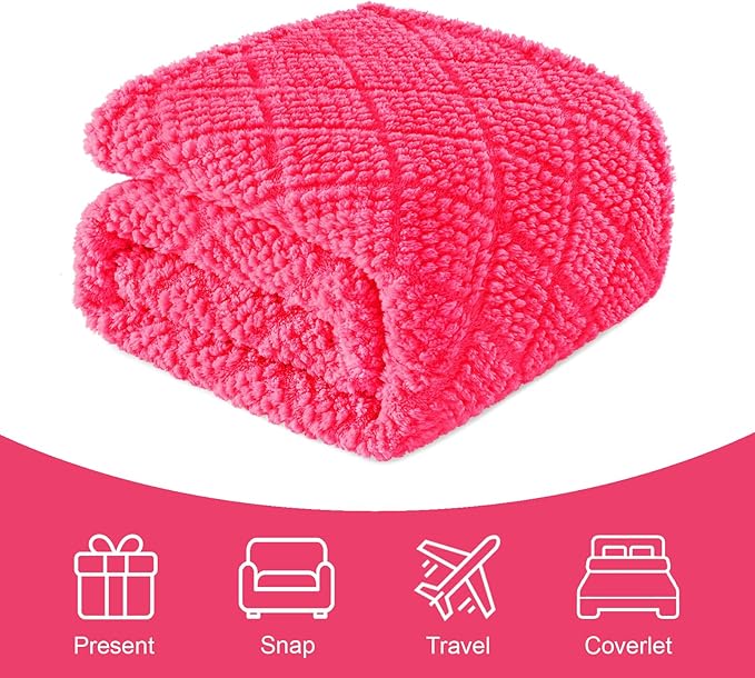 Whale Flotilla Fuzzy Fleece King Size Blanket for Bed, Soft Fluffy Jacquard Waffle Blankets for All Season, Lightweight and Warm, 90x104 Inch, Hot Pink