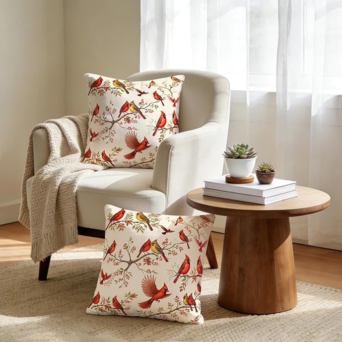2 Pack Cute Red Cardinal Bird Throw Pillow Covers 18x18, Spring Easter Decorative Pillow Cases, Rustic Cushion Covers for Sofa Living Room Couch Bedroom, for Bird Lovers, Boho Home Decor