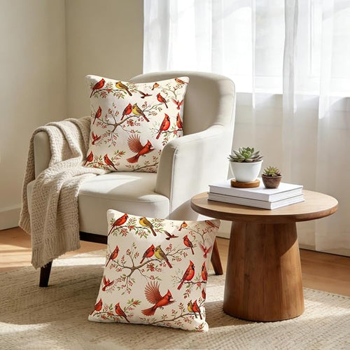 2 Pack Cute Red Cardinal Bird Throw Pillow Covers 18x18, Spring Easter Decorative Pillow Cases, Rustic Cushion Covers for Sofa Living Room Couch Bedroom, for Bird Lovers, Boho Home Decor