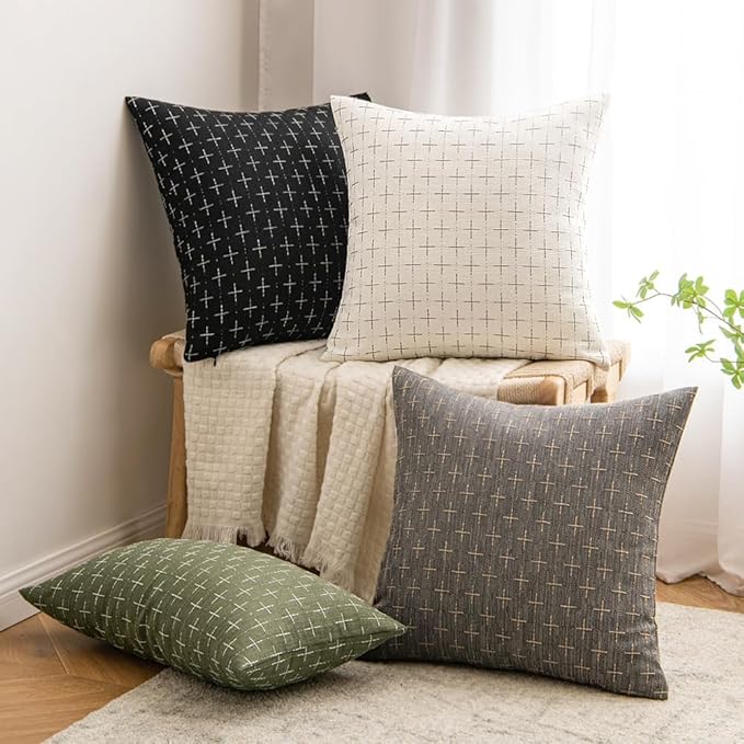 MIULEE Pack of 2 Decorative Burlap Linen Throw Pillow Covers Modern Farmhouse Vintage Pillowcase Rustic Woven Textured Cushion Cover for Sofa Couch Bed 22x22 Inch Black
