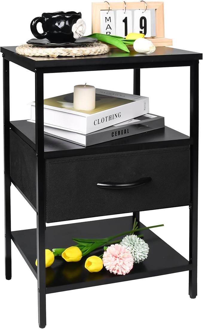Black Nightstand with Fabric Drawer and Wood Shelf, Waterproof Surface Bedside Table, Eco-Friendly Small Side Table for Bedroom