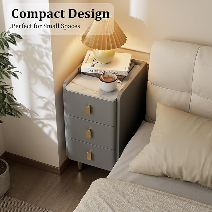 AQIMUELE Narrow Nightstand with Drawers, Narrow Side Table Leather, Small Bedside Tables for Bedroom. (Dark Gray)