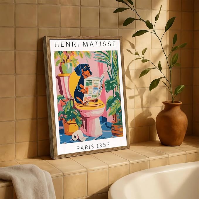 Funny Dog Bathroom Wall Art Henri Matisse Dachshund Bathroom Wall Decor Picture Whimsical Puppy Reading Newspaper in Toilet Poster Painting Canvas Print 16x24 inch Wood Framed