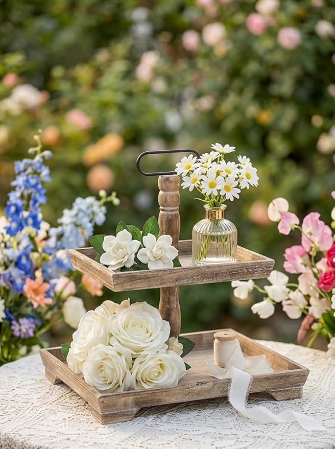 Hanobe Tiered Tray for Table Decor: Spring 2 Tier Decorative Tray Stand for Coffee Bar - Large Farmhouse Display Stands for Seasons - Wood for Kitchen Counter Decorations