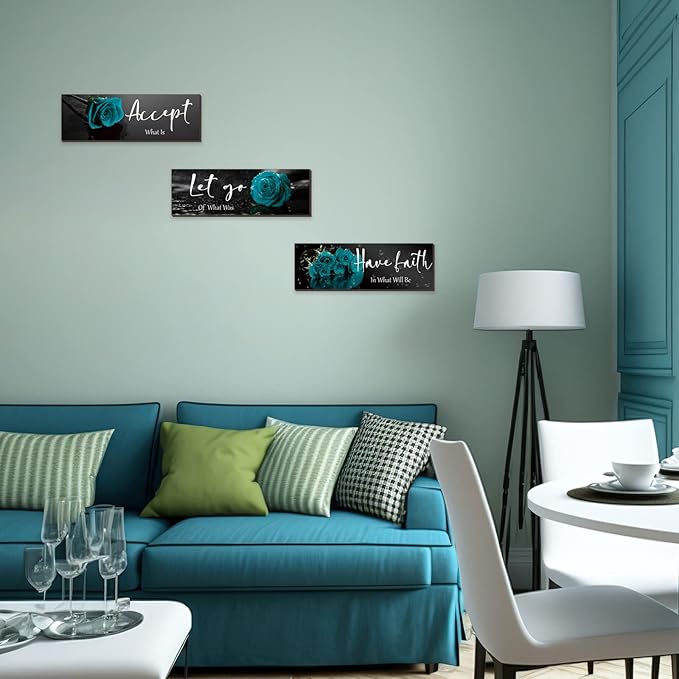 3 Pcs Teal wall decor Inspirational Teal Bathroom Decor Wooden Rose Wall Art Turquoise Office Decoration with Accept Let Go Have Faith Quotes for Girl Women Bedroom 12 x 4 Inches