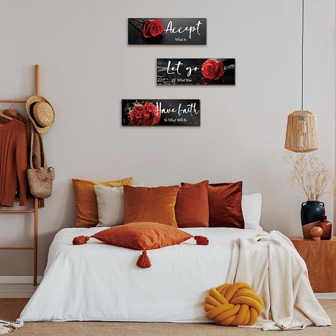 ZINYAZHE 3 Pcs Red Decor Flower Inspirational Wooden Wall Art Red Roses Office Wall Decor with Accept Let Go Have Faith Positive Quotes for Girl Women Bathroom Living Room Bedroom(16 x 5 Inch)