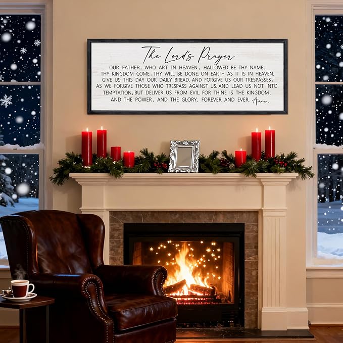 Our Father Prayer Bible Verse Framed Wall Art, 40''×15'' Black Horizontal Religious Christian Lords Prayer Sign for God Jesus Christ Prayer, Rustic Holy Inspirational Catholic Scripture Decor