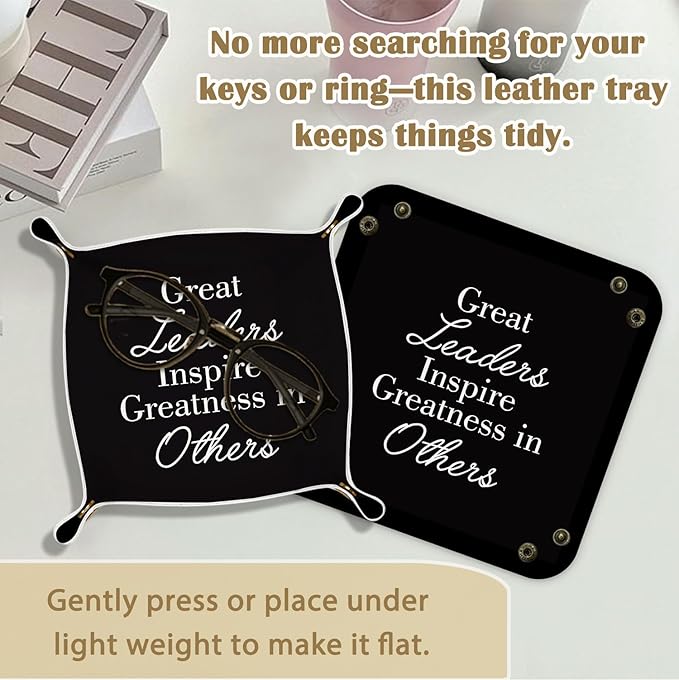 Leader Gifts Valet Jewelry Tray for Women Men, Appreciation Gifts for Leader Boss Mentor PU Leather Catchall Beside Caddy Nightstand Organizer Tray for Jewelry Rings Watches, 7.87x7.87in