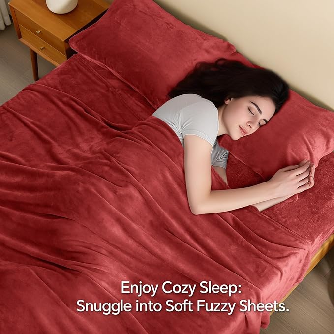 BEDELITE Flannel Sheets King Size Red - Super Soft Fleece Sheets Set Fluffy Extra Plush, 4 Piece(Include Fitted Sheet, Flat Sheet, 2 Pillowcases)