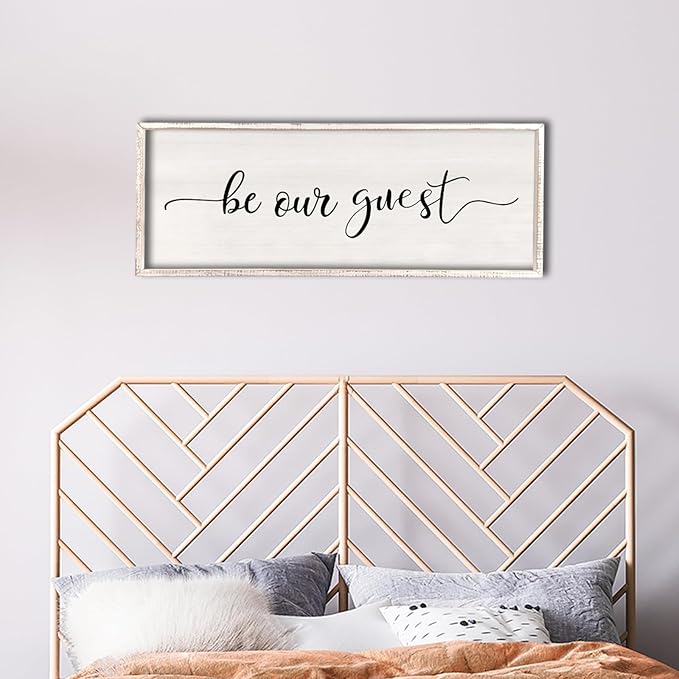 comurdyo Be Our Guest Wall Decor Sign 40”X15” Large Master Bedroom Above Bed Wall Decor Wood Framed Guest Room Sign Simple Rustic Farmhouse Over Bed Bedside Wall Art (White)