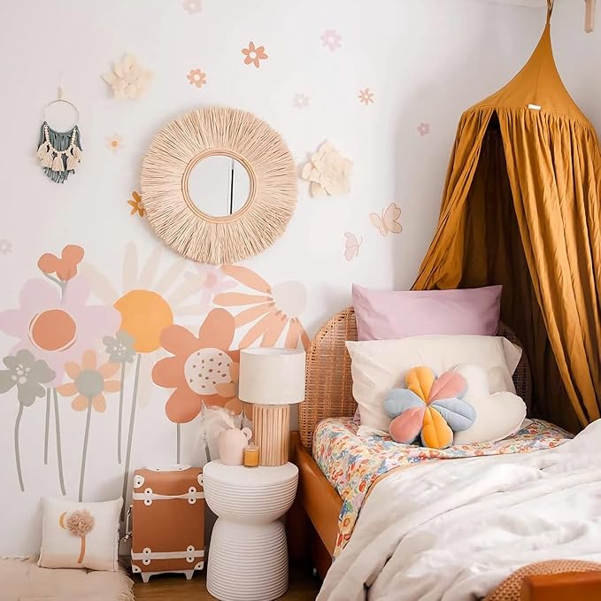 Supzone Colorful Flower Wall Stickers - Boho Retro Vintage Floral Art Decals for Bedroom, Living Room, TV, Office - Large Home Decoration