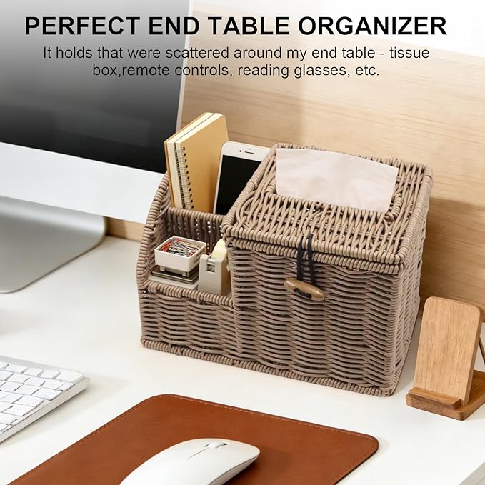 Woven Tissue Box Cover Square, Tissue Box Holder, Tissue Box Cover with Storage, Tissue Box Holder Remote Organizer, Bedside Nightstand Organizer for Bedroom/Bathroom/Office/Kitchen Countertop
