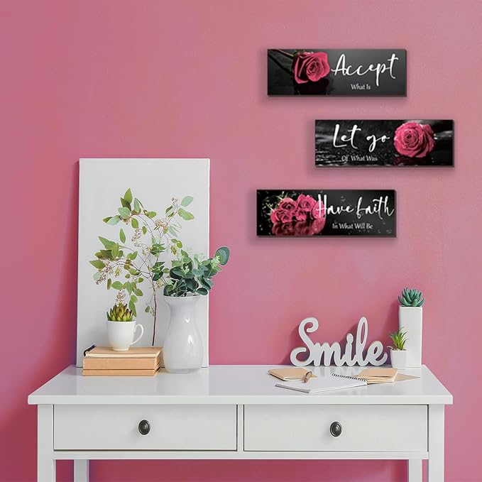 3 Pcs Pink Rose Bathroom Wall Decor Inspirational Wooden Wall Art Flower with Accept Let Go Have Faith Positive Quotes for Girl Women Bathroom Bedroom Living Room Office (Pink Rose 12 X 4 Inch)
