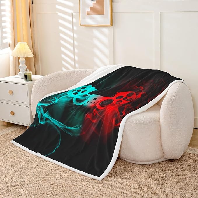 Gaming Blanket Throw for Boys Game Console Sherpa Blanket Baby 30"x40" Kids Teen Gamer Fleece Blanket Modern Gamepad Bedspread Cover Game Room Sofa Decor Game Controller Turquoise Red Black