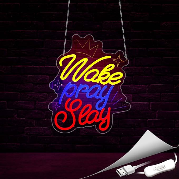 Wake Pray Slay Neon Sign, Neon Signs for Wall Decor Neon LED Signs Room Neon Light Up Signs Home Decor for Bedroom Club Party Bar Shop USB Operated
