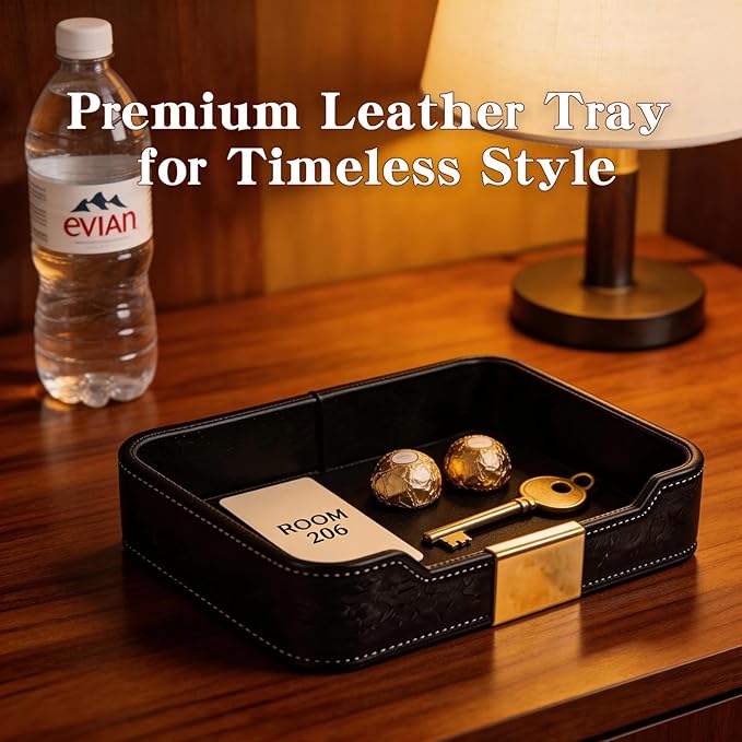 Black Leather Valet Tray - Multi-Use Nightstand Tray, Decorative Tray for Jewelry, Perfume, and Accessories Storage (Black)