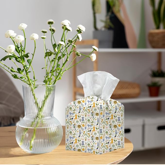 Tissue Box Cover, Tissue Box Holder, Square with Belt Bottom, PU Leather Decorative Organizer for Desk, Tabletop, Countertop Bathroom, Toilet Car, Office, Dresser Kitchen, Cat Boots Flower Decor