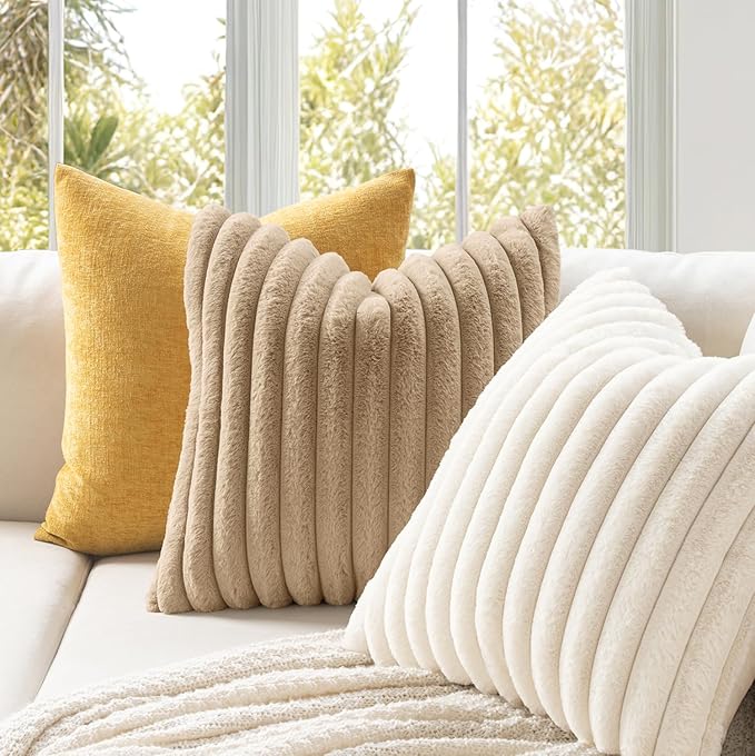 MIULEE Faux Fur Large Decorative Throw Pillow Covers 24x24 Inch Set of 2, Modern Spring Home Decor Soft Plush Couch Pillows Cozy Fluffy Cushion Covers for Sofa Bed Beige