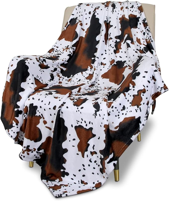 MACEVIA Flannel Fleece Throw Blanket for Couch, Cow Print Blanket for Adult, Fuzzy Cozy Comfy Super Soft Fluffy Plush Cowhide Blanket for Bed Sofa 260GSM, Suitable for All Seasons (Cow-01,50x60inches)