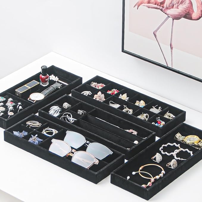 Divided Drawer Organizer Tray, Velvet Jewelry Storage Tray, Necklace Bracelet Ring Earring Display Tray,Bedside Nightstand Desk Holder Tray for Phone Watch Sunglasses Cosmetics Storage/Black/6grid