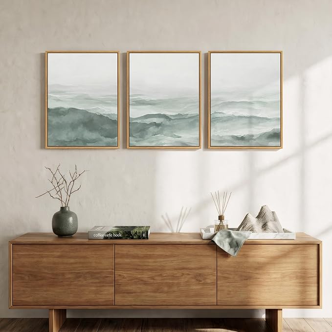 Framed Abstract Landscape Pastel Green Room Wall Decor, 3 Piece Modern Minimalist White Misty Mountain Wall Art for Living Room, Painting Print Canvas Artwork for Bedroom Home Office Walls, 12x16 Inch