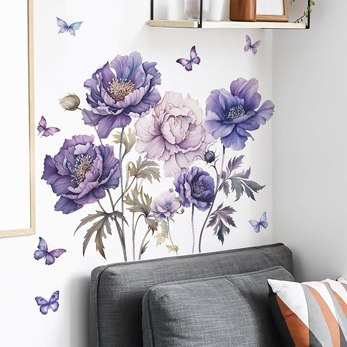 TUOKING Purple Flowers Wall Stickers Removable Butterfly Wall Murals Peel and Stick Wall Art Decal Home Decor for Kitchen,Bedroom,Living Room(fun-c16)