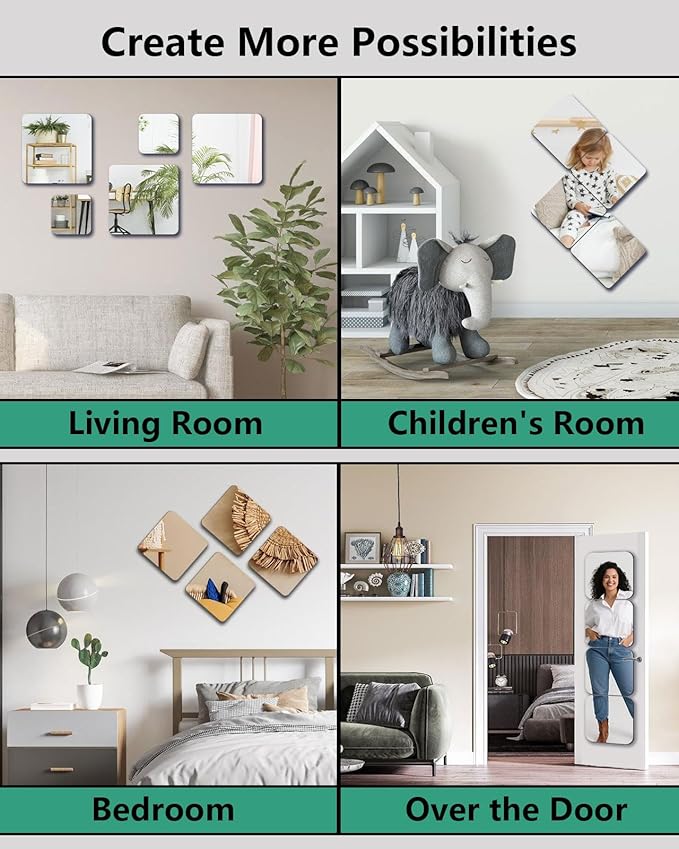 Shatterproof Peel And Stick on Mirror Tiles for Wall Decorative, 4 pcs 14”x12” Unbreakable Small Mirrors For Wall Classroom Decor, Toddlers Mirror for Kids Bedroom, Plastic Door Adhesive Mirrors