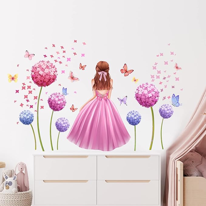 Pink Flower Wall Sticker Butterfly Fairy Girl Wall Decals DIY Purple Princess Removable Dandelion Floral Wall Decals Waterproof Decal Mural for Kids Nursery Bedroom
