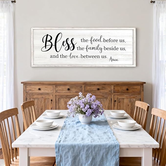 Bless the Food Before Us, the Family Beside Us, and the Love between us Framed Wall Art for Dining Room, 40''×15'' Holy Positive Religious Rustic Bible Verse for Christian God Jesus Christ Prayer