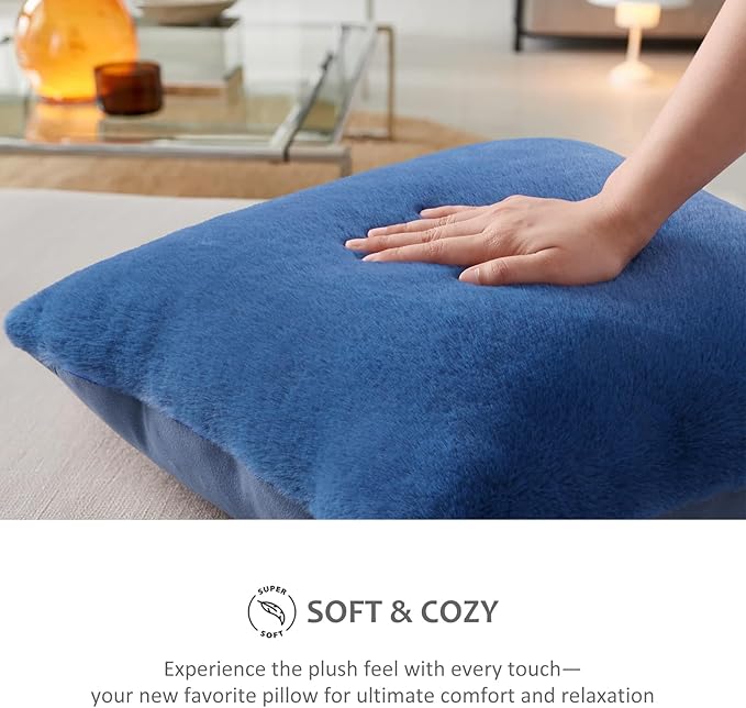 Pallene Faux Fur Plush Throw Pillow Covers 20x20 Set of 2, Soft Fluffy Couch Pillow Covers for Living Room, Navy Blue