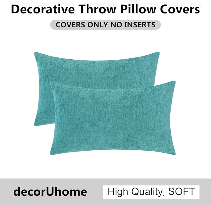 decorUhome Chenille Turquoise Summer Throw Pillow Covers 12x20 Inch Set of 2, Decorative Soft Couch Pillow Covers Solid Dyed Accent Farmhouse Neutral Rectangle Pillow Cases for Sofa