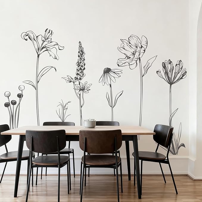 Large Boho Black Flower Wall Decals Simple Sketch Wildflower Floral Wall Stickers for Girls Bedroom Living Room Bathroom Office Adult Home Decor