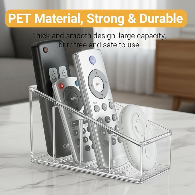 TV Remote Holder, Remote Holder for Table, Remote Control Caddy, Clear PET Remote Control Organizer with 4 Storage Compartments, Mini Desktop Remote Storage for Household, Bedside, Living Room (1Pcs)