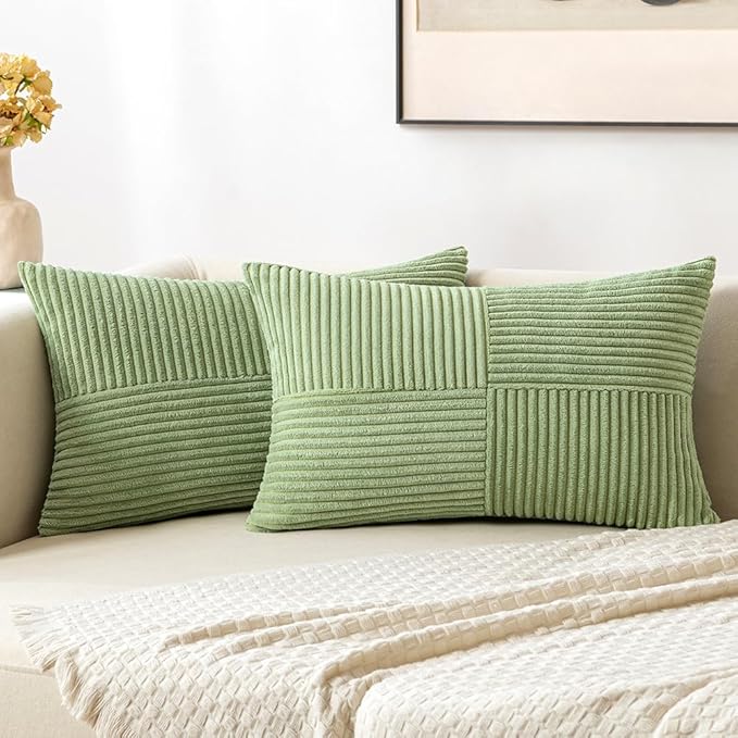 MIULEE Sage Green Decorative Throw Pillow Covers 16x16 Inch for Couch Bed Sofa Spring Decor Pack of 2 Boho Farmhouse Throw Pillows Soft Cross Corduroy Patchwork Textured Cushion Cases