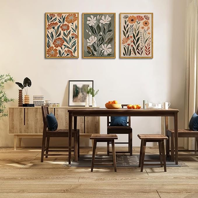 Wodkwq 3 Piece Flower Market Canvas Wall Art Framed,Boho Floral Wall Art,Abstract Botanical Wall Decor,Green Wildflower Modern Minimalist Paintings For Living Room Bedroom Bathroom 12x16in