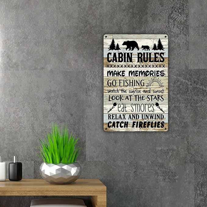 QIONGQI Funny Cabin Rules Metal Tin Sign Wall Art Decor, Farmhouse Wooden Style Cabin Sign for Home Decor Gifts